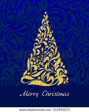 gold Christmas tree with jewels on a black background