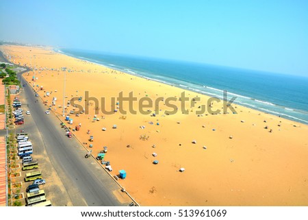 Marina beach in Chennai City, India. It is one of the popular tourist attraction in Chennai. It is longest urban natural beach in India, situated along the coast of Bay of Bengal. Royalty-Free Stock Photo #513961069