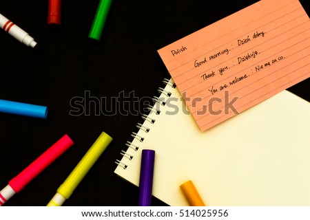 Polish and English; Learning New Language with Writing Words and Phrases. Translation; Good Morning. Royalty-Free Stock Photo #514025956