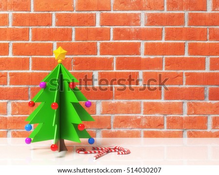Decorative Christmas tree in cartoon style with toys colored balls, star and candy cane caramel. On red brick wall background with free copy space for text, design. Happy new year. 3d illustration