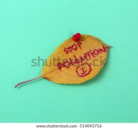 picture of a autumn walnut leaves with handwritten text stop pollution