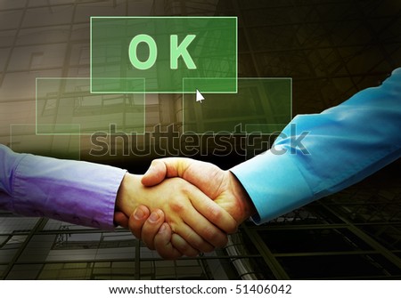 Handshake of two businessmans and text on the light button