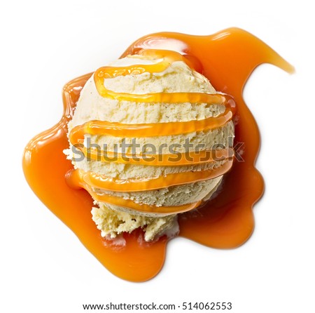 vanilla ice cream with caramel sauce isolated on white background, top view