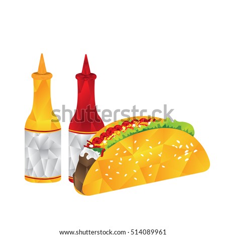Isolated geometrical taco with sauce bottles, Fast food vector illustration