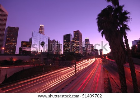 Los Angeles downtown traffic and skyline