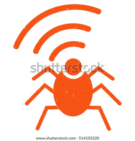 Radio Spy Bug rubber seal stamp watermark. Icon vector symbol with grunge design and corrosion texture. Scratched orange ink sticker on a white background.