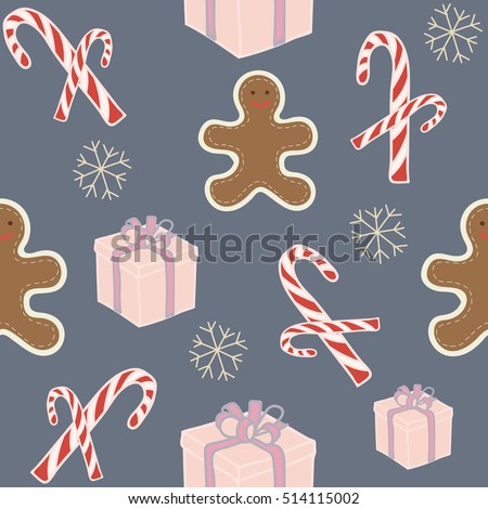 Fun and bright festive seamless repeat featuring a gift, gingerbread cookies, snowflakes and Christmas candy canes on a pastel blue background. Vector pattern with hand drawn elements. 