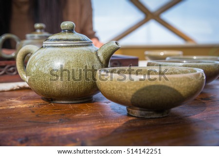 Chinese traditional tea set on table.