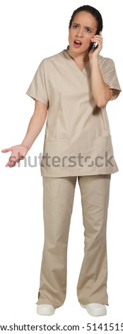 Hispanic female medical professional, in scrubs, talking on the phone, exasperated.