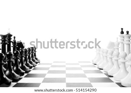 Two chess teams one in front of other on the chessboard. Isolated over white background