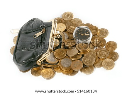 leather purse with metal coins and watches