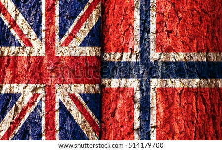  United Kingdom Flag and Norway Flag over crack and grunge wall texture background. Forex GBPNOK concept.