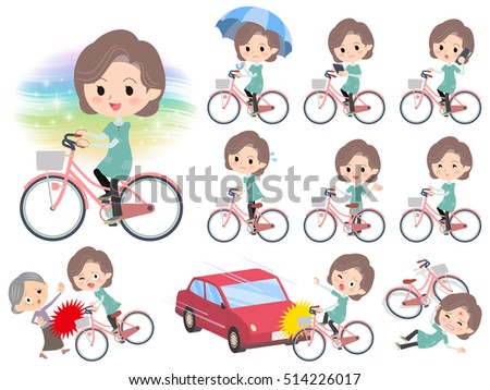 Set of various poses of Blue-green tunic Middle woman ride on city bicycle