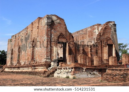 Vihara ,Hall of Buddha image  ,Wat Khudeedao ,ancient architecture  , Buddhist sculpture ,Thai temple architecture ,Ayutthaya Historical Park,Thailand , world heritage.