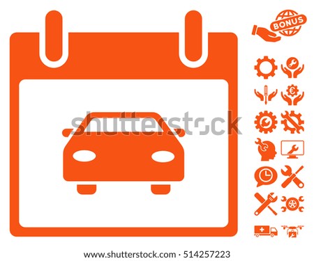 Car Calendar Day pictograph with bonus setup tools clip art. Vector illustration style is flat iconic symbols, orange, white background.