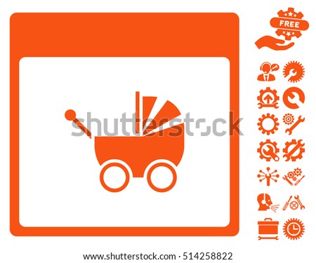 Baby Carriage Calendar Page icon with bonus configuration clip art. Vector illustration style is flat iconic symbols, orange, white background.