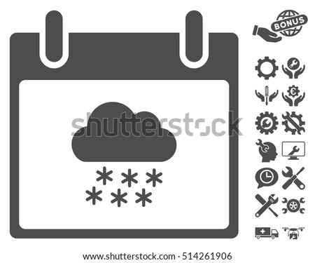 Snow Cloud Calendar Day icon with bonus settings clip art. Vector illustration style is flat iconic symbols, gray, white background.