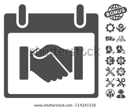 Handshake Calendar Day icon with bonus service clip art. Vector illustration style is flat iconic symbols, gray, white background.