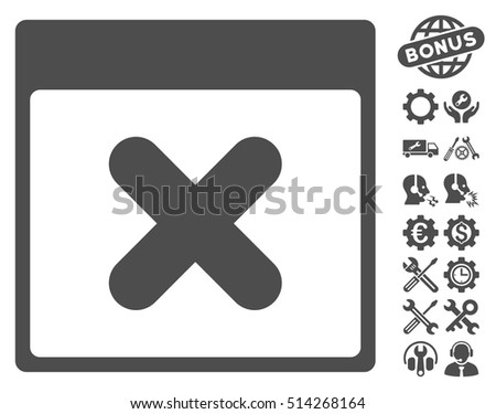 Cancel Calendar Page pictograph with bonus setup tools clip art. Vector illustration style is flat iconic symbols, gray, white background.