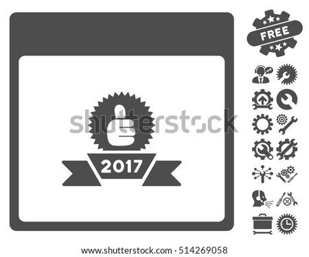 2017 Award Ribbon Calendar Page icon with bonus tools clip art. Vector illustration style is flat iconic symbols, gray, white background.