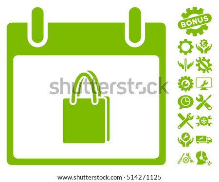 Shopping Bag Calendar Day icon with bonus tools clip art. Vector illustration style is flat iconic symbols, eco green, white background.