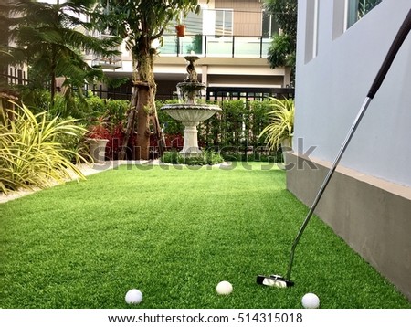 Home golf course, architecture design of grass field around home, artificial grass, fake grass, Royalty-Free Stock Photo #514315018