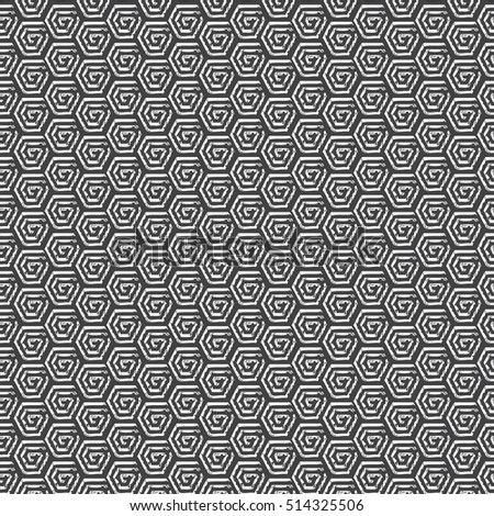 Vector seamless pattern. Modern stylish texture. Repeating geometric background with hand drawn spiral hexagons.Black and white