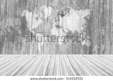 Wood texture surface white color use for background with Wood terrace and world map