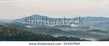 The panoramic picture of  forest, mountain and mist in Sukhothai, Thailand