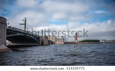 View of St. Petersburg city from Neva river and the blue sky with clouds, Russia