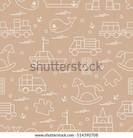 Vector illustration kids toys objects: train, puzzle, designer, boat, car, whale and other. Design element for postcard, banner, flyer, invitations, textiles or print. 