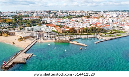 Aerial from the city Lagos with the Forte da Bandeira in Portugal Royalty-Free Stock Photo #514412329