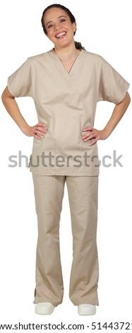 Hispanic female medical professional, in scrubs, laughing with hands on hips. 