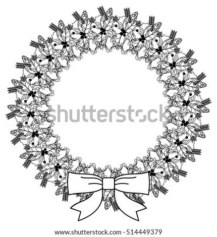 Christmas wreath with holly berry and pine cones. Copy space. Vector clip art.