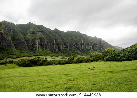 Kualoa Ranch in Oahu, Hawaii.  Many famous television shows and movies, including "Jurassic Park" and "Lost" were filmed in Kualoa Ranch. Royalty-Free Stock Photo #514449688