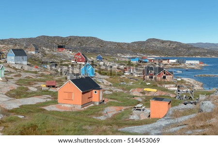 West Greenland. Panoramic view of the village Oqaatsut early sunny morning