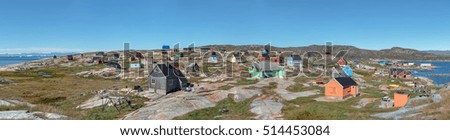 West Greenland. High resolution panorama of the village Oqaatsut early sunny morning