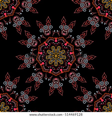 Vector seamless background. Colored patterns antique. Floral ornament in brown, neutral and pink colors on a black background.