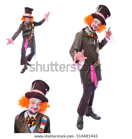 Collage of three portraits, isolated: The insane funny Hatter. A man with curly red hair dressed in a velour brown frock coat, cylinder hat and the bow tie grimacing and is playing the fool