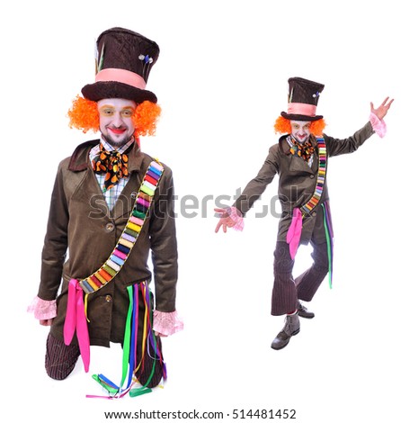 Collage of two portraits, isolated: The insane funny Hatter. A man with curly red hair dressed in a velour brown frock coat, cylinder hat and the bow tie grimacing and is playing the fool
