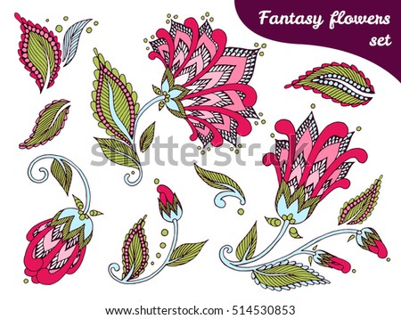 Hand drawn fantasy flowers set. Isolated on a white background.