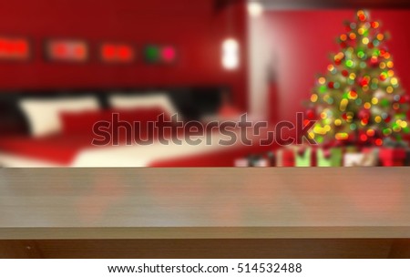 Wood table on abstract room  Christmas Blurred background.