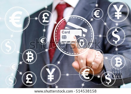 Businessman hand press payment banking cards icon with shield keyhole security virus web button. Secure pay credit card, shield. Network currencys bitcoin, dollar, eur, yen, trade exchange, shopping