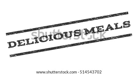 Delicious Meals watermark stamp. Text caption between parallel lines with grunge design style. Rubber seal stamp with unclean texture. Vector gray color ink imprint on a white background.