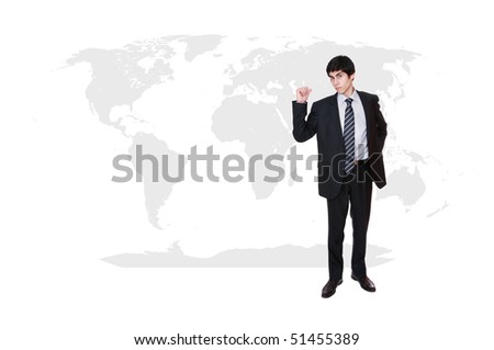  Young attractive businessman with world map in background - globalization