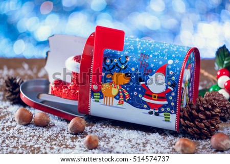 Christmas Letter In Mailbox Decorated With Santa Claus And Reindeer. Selective Focus.