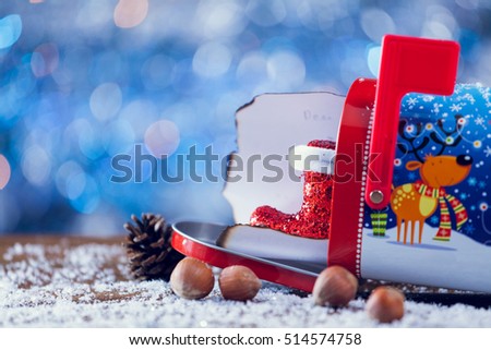 Christmas Letter In Mailbox Decorated With Santa Claus And Reindeer. Close Up Selective Focus With Copy Space.