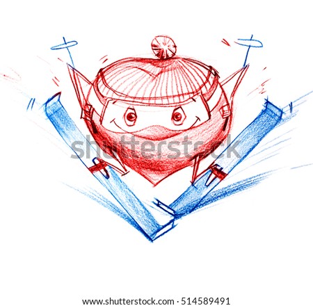 Drawing Charicature Heart Skier Climbs Down Mountain Graphic illustration Pencil Drawing Metaphor Isolated White