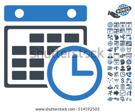 Timetable pictograph with bonus calendar and time management clip art. Vector illustration style is flat iconic bicolor symbols, smooth blue colors, white background.