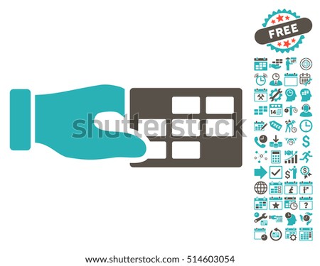 Timetable Properties Hand icon with bonus calendar and time management clip art. Vector illustration style is flat iconic bicolor symbols, grey and cyan colors, white background.